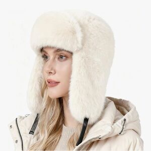 White Faux Fur Trapper Hat Winter Russian Style Windproof L